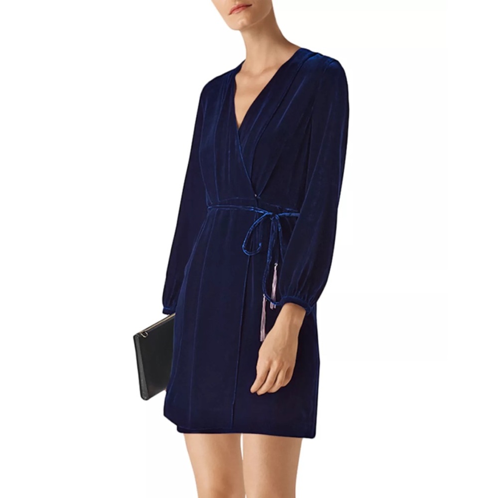 WHISTLES | Lavone Velvet Wrap Dress in Blue, Size 4